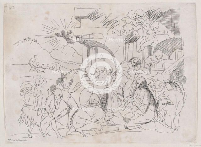 The adoration of the shepherds who gather at left, angels holding a banderole upper r..., 1700-1800. Creator: Anon.