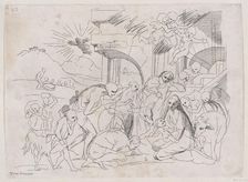 The adoration of the shepherds who gather at left, angels holding a banderole upper r..., 1700-1800. Creator: Anon