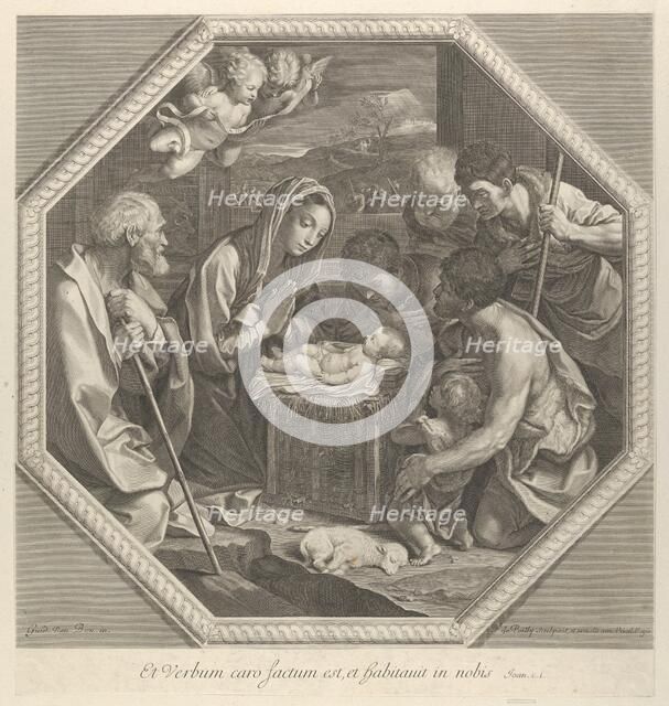 The adoration of the shepherds who kneel together at right before the infant Christ..., ca. 1655-93. Creator: François de Poilly.