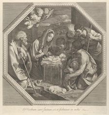 The adoration of the shepherds who kneel together at right before the infant Christ..., ca. 1655-93. Creator: François de Poilly