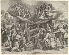 The Adoration of the Shepherds with angels overhead, ca. 1530-61. Creator: Battista Franco Veneziano