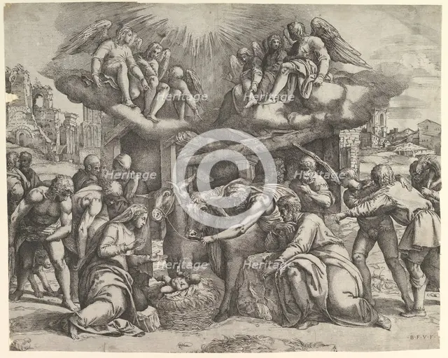 The Adoration of the Shepherds with angels overhead, ca. 1530-61. Creator: Battista Franco Veneziano.