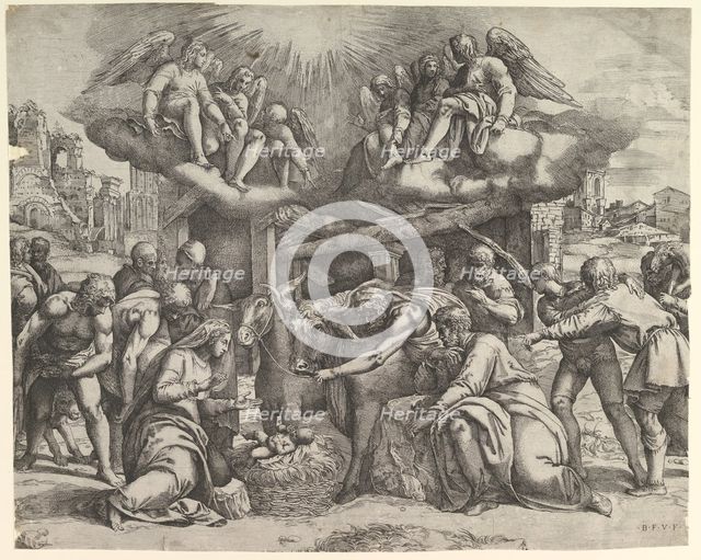 The Adoration of the Shepherds with angels overhead, ca. 1530-61. Creator: Battista Franco Veneziano.
