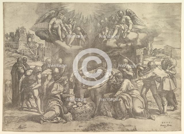 The Adoration of the Shepherds with angels overhead, ca. 1530-61. Creator: Battista Franco Veneziano.