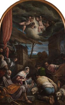 The Adoration of the Shepherds with Saints Victor and Corona, 1568. Creator: Bassano, Jacopo, il vecchio (around 1510-1592)
