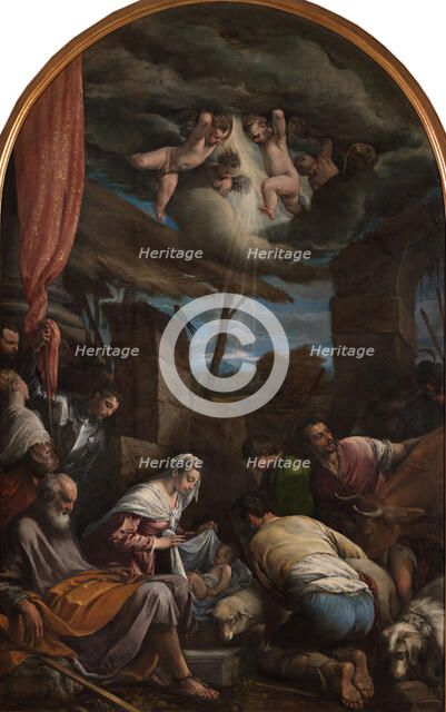 The Adoration of the Shepherds with Saints Victor and Corona, 1568. Creator: Bassano, Jacopo, il vecchio (around 1510-1592).