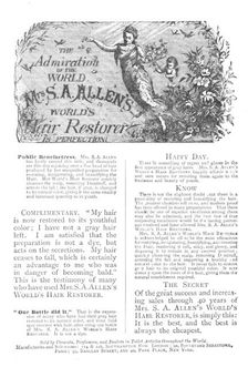 The Admiration of the World: Mrs. S. A. Allen's World's Hair Restorer is Perfection!, 1883. Creator: Unknown