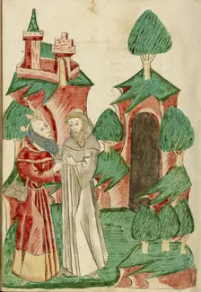The Aged Josaphat Meets Barlaam; Barlaam und Josaphat, 1469. Creators: Hans Schilling, Diebolt Lauber