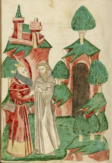 The Aged Josaphat Meets Barlaam; Barlaam und Josaphat, 1469. Creators: Hans Schilling, Diebolt Lauber