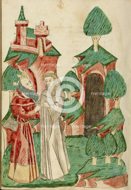 The Aged Josaphat Meets Barlaam; Barlaam und Josaphat, 1469. Creators: Hans Schilling, Diebolt Lauber.