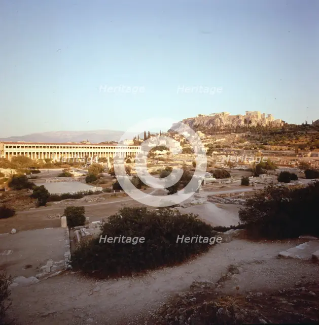 The Agora and Stoa of Attalos with Acropolis beyond, Athens, c20th century. Artist: Unknown.