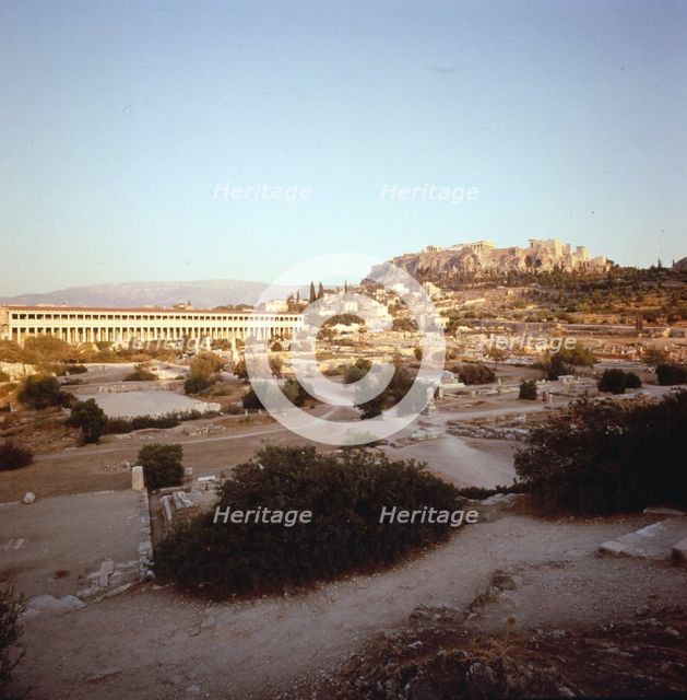 The Agora and Stoa of Attalos with Acropolis beyond, Athens, c20th century. Artist: Unknown.