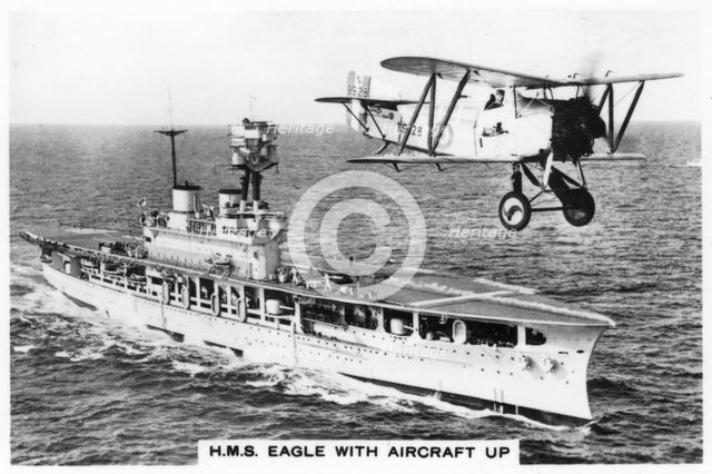 The aircraft carrier HMS 'Eagle' and a Fairey Flycatcher aircraft, (1937). Artist: Unknown