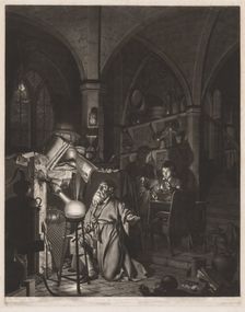 The Alchymist, in Search of the Philosopher's Stone, Discovers Phosphorus, and Prays..., 1775. Creator: William Pether (British, c. 1738-1821)