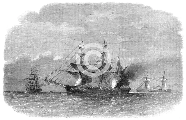 The Alabama destroying the Texan Star, or Martaban, in the Malacca Straits..., 1864. Creator: Unknown.