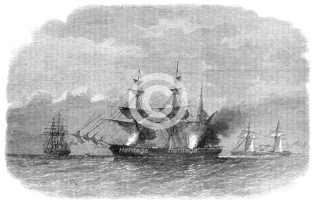 The Alabama destroying the Texan Star, or Martaban, in the Malacca Straits..., 1864. Creator: Unknown.