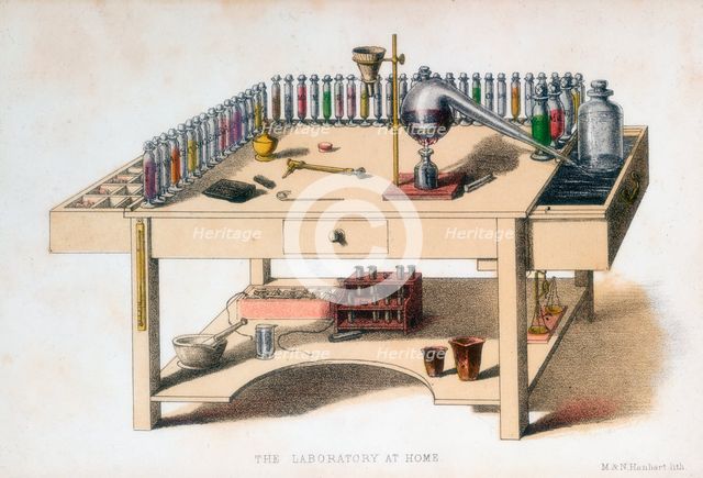 The amateur chemist's laboratory bench, 1860. Creator: M & N Hanhart.