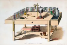 The amateur chemist's laboratory bench, 1860. Creator: M & N Hanhart
