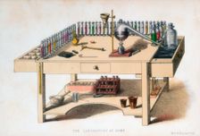 The amateur chemist's laboratory bench, 1860. Creator: M & N Hanhart