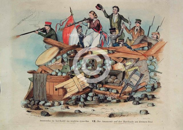 The Amazon on the barricade at the Small Ring in Prague, 1848. Creator: Andel, Bedrich (1821-1895).