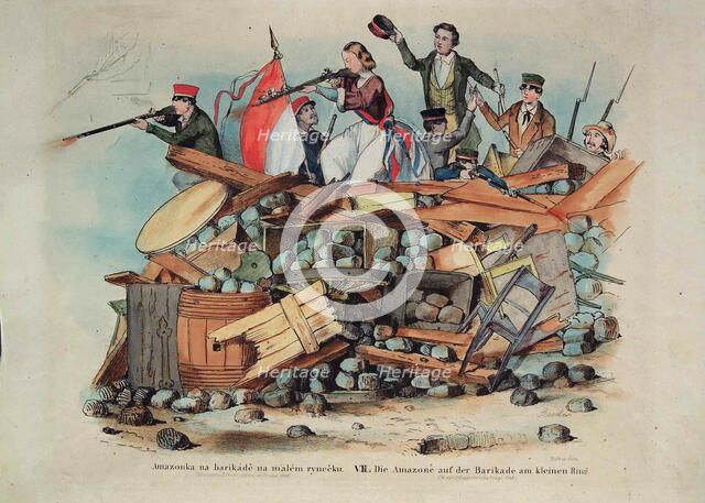 The Amazon on the barricade at the Small Ring in Prague, 1848. Creator: Andel, Bedrich (1821-1895).
