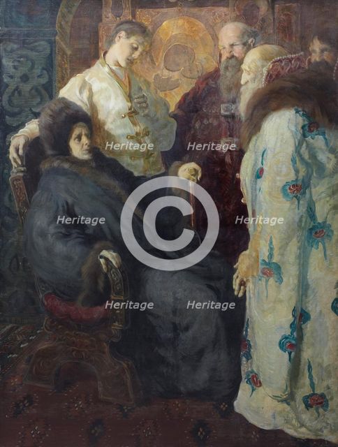 The ambassadors of the Zemsky Sobor trying to convince the nun Marfa that her son Mikhail Feodorovic