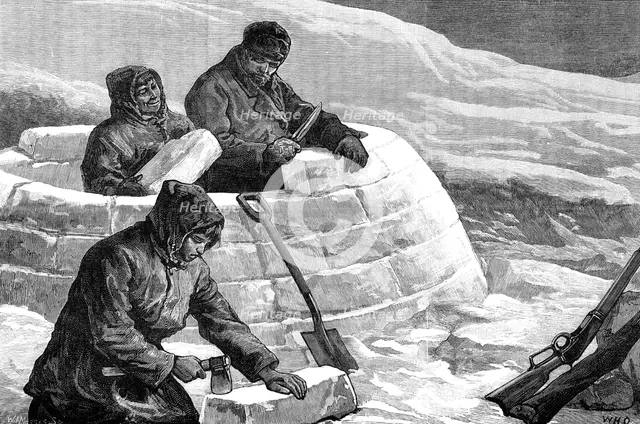 The American Franklin Search Expedition - the first frost: building a snow house, 1881. Creator: W. I. Mosses.