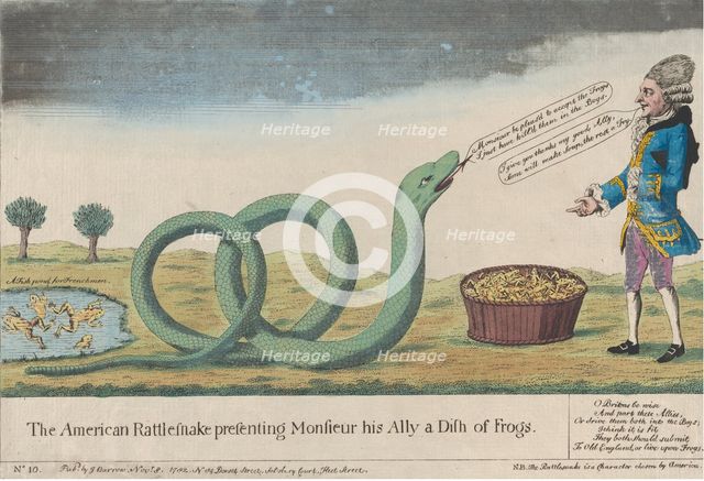 The American Rattlesnake Presenting Monsieur his Ally [sic] a Dish of Frogs, November 8, 1782. Creator: Unknown.