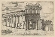 The Amphitheater in Bordeaux [Teatrum Bordeos; Transitorium Caesaris], from the series Ru..., 1554. Creator: Lambert Suavius
