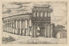 The Amphitheater in Bordeaux [Teatrum Bordeos; Transitorium Caesaris], from the series Ru..., 1554. Creator: Lambert Suavius