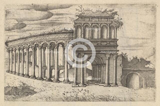 The Amphitheater in Bordeaux [Teatrum Bordeos; Transitorium Caesaris], from the series 'Ru..., 1554. Creator: Lambert Suavius.