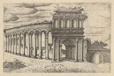 The Amphitheater in Bordeaux [Teatrum Bordeos; Transitorium Caesaris], from the series Ru..., 1554. Creator: Lambert Suavius
