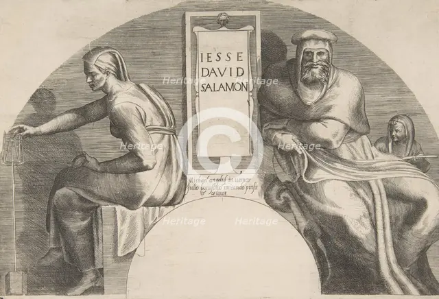 The ancestors of Christ flanking an inscribed tablet, an arched top composition, 1531-76. Creator: Giulio Bonasone.
