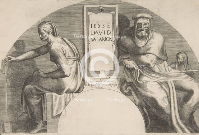 The ancestors of Christ flanking an inscribed tablet, an arched top composition, 1531-76. Creator: Giulio Bonasone.