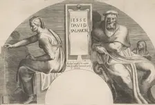 The ancestors of Christ flanking an inscribed tablet, an arched top composition, 1531-76. Creator: Giulio Bonasone