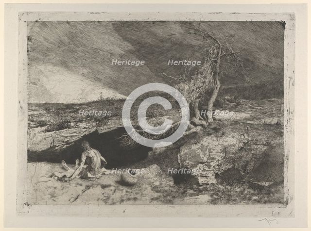 The Anchorite: a partially naked man seated at left in a landscape with what appears t..., ca. 1869. Creator: Mariano Jose Maria Bernardo Fortuny y Carbo.