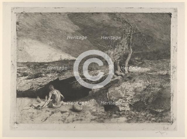 The Anchorite: a partially naked man seated at left in a landscape with what appears t..., ca. 1869. Creator: Mariano Jose Maria Bernardo Fortuny y Carbo.