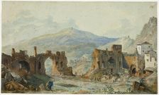 The Ancient Theater at Taormina with a View of Mount Etna, Study for Saint Non's Voyage Pi..., 1783. Creator: Louis-Francois Cassas