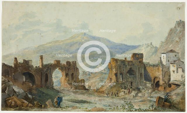 The Ancient Theater at Taormina with a View of Mount Etna, Study for Saint Non's Voyage Pi..., 1783. Creator: Louis-Francois Cassas.