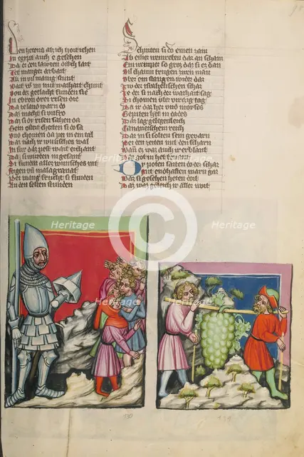 The Anakitic Giant before the Israelites: The Spies with the Grapes; Weltchronik, about 1400-1410. Creator: Unknown.
