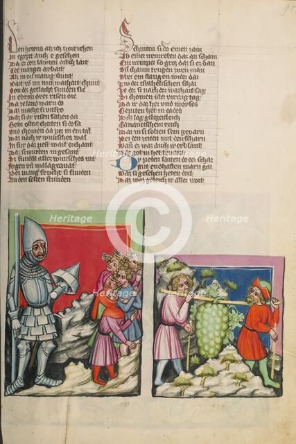 The Anakitic Giant before the Israelites: The Spies with the Grapes; Weltchronik, about 1400-1410. Creator: Unknown.