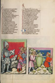 The Anakitic Giant before the Israelites: The Spies with the Grapes; Weltchronik, about 1400-1410. Creator: Unknown