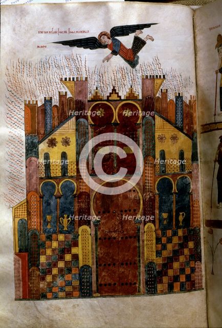 The Angel and the fall of the city of Babylon, Miniature in the 'Beatus of Girona' (Commentary to…