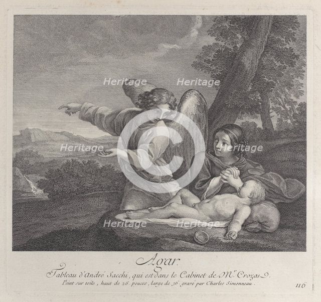The angel appearing to Hagar in the wilderness as she folds her hands next to the sleep..., 1700-28. Creator: Charles-Louis Simonneau.