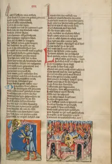 The Angel Talking to Lot: The Destruction of Sodom; Weltchronik, about 1400-1410. Creator: Unknown