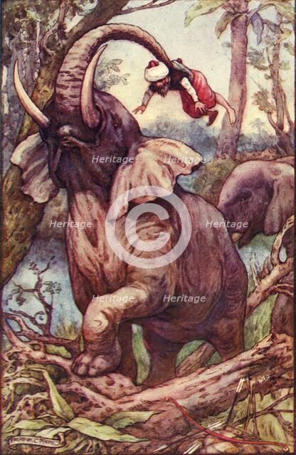 'The animal took me up with his trunk, and placed me on his shoulders', c1930. Creator: Frank C. Pape.