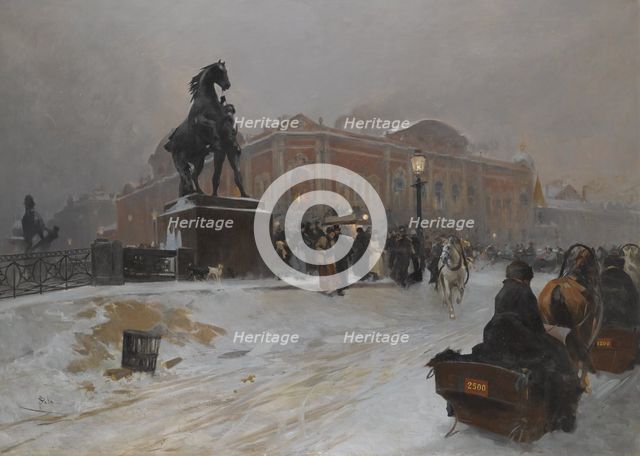 The Anichkov Bridge on Nevsky Prospekt at dusk. Artist: Sala, Paolo (1859-1924)