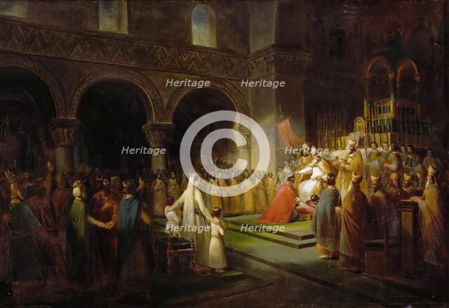 The Anointing of Pepin the Short at Saint-Denis, 28 July 754. Artist: Dubois, François (1790-1871)