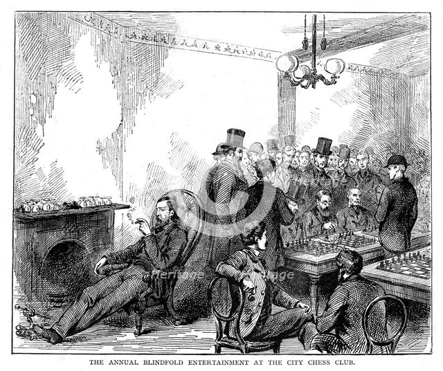 The annual blindfold entertainment at the city chess club, 1876. Artist: Unknown