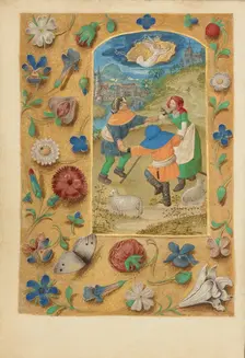 The Annunciation to the Shepherds; Crohin-La Fontaine Hours, (about 1480-1485?). Creators: Master of the Dresden Prayer Book, Workshop of the Master of the Dresden Prayer Book